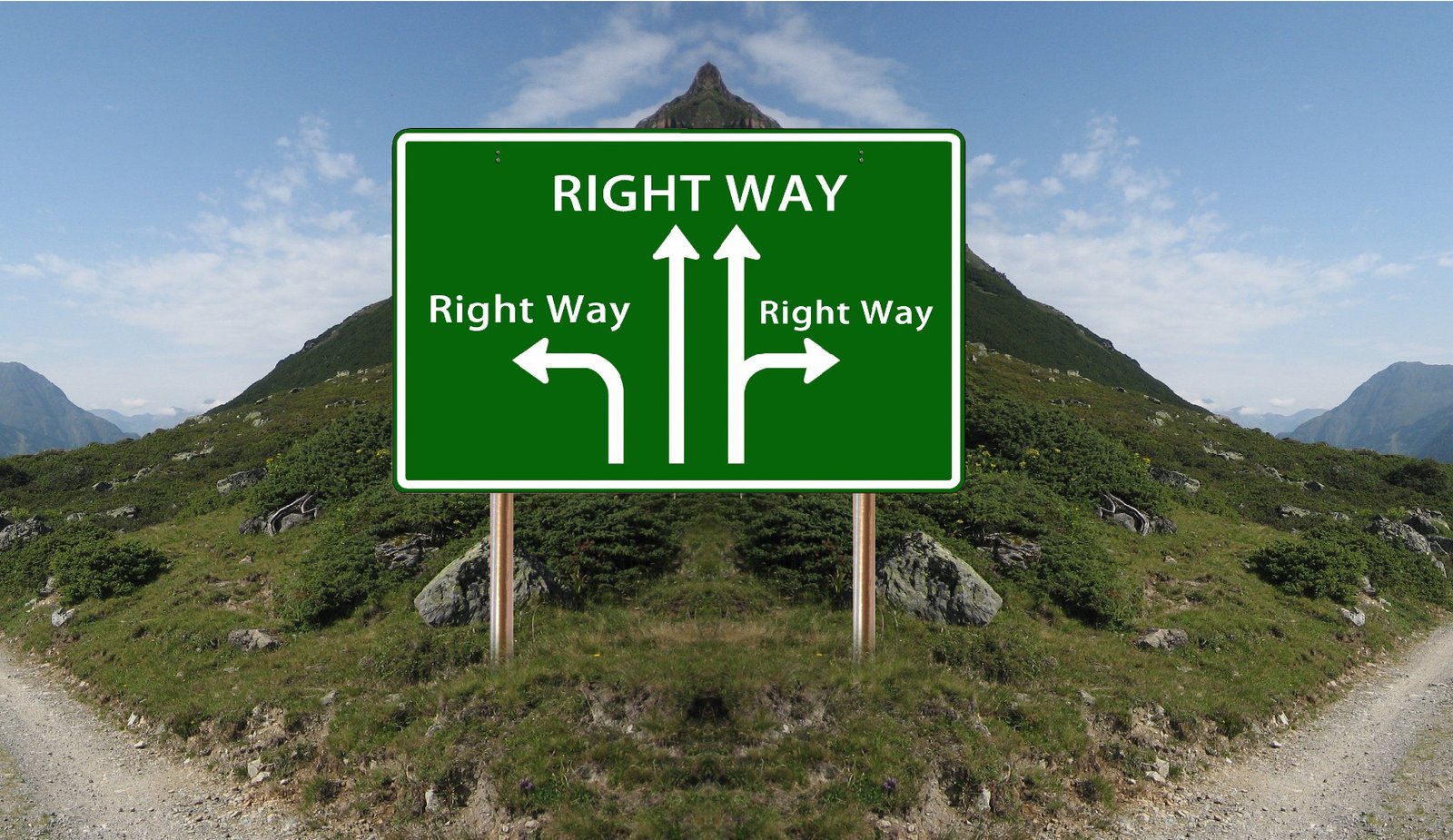 a traffic sign shows a fork in a road – each direction on the sign says “right way