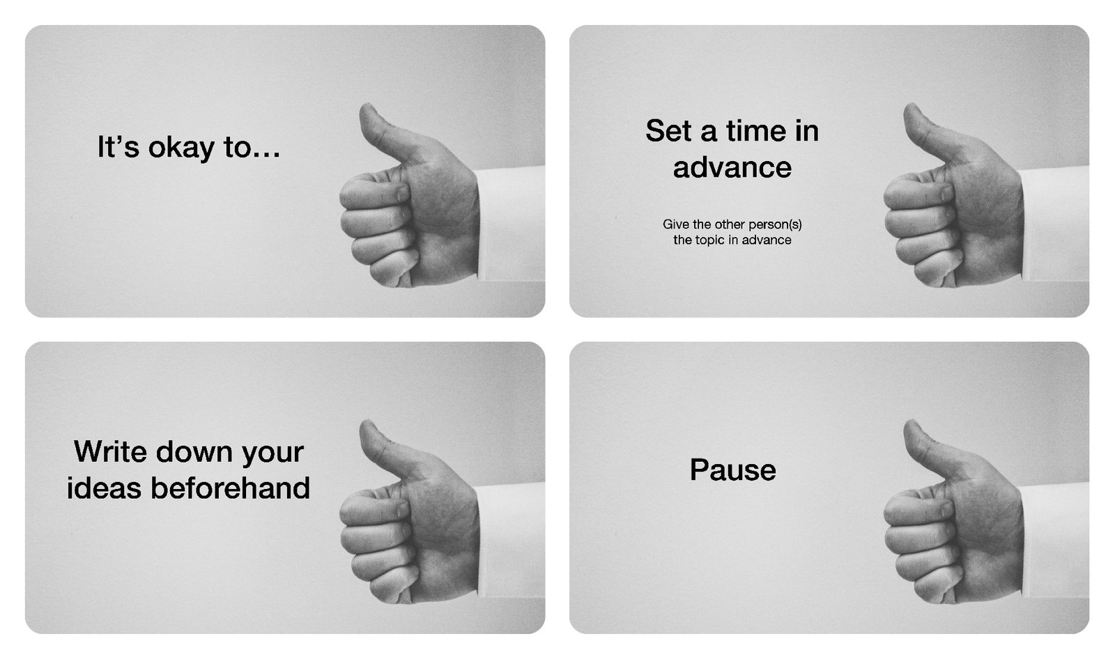 Four frames each show a thumbs up. The frames read: “It’s okay…”, “Set a time in advance”, “Write down your ideas beforehand”, and “Pause”