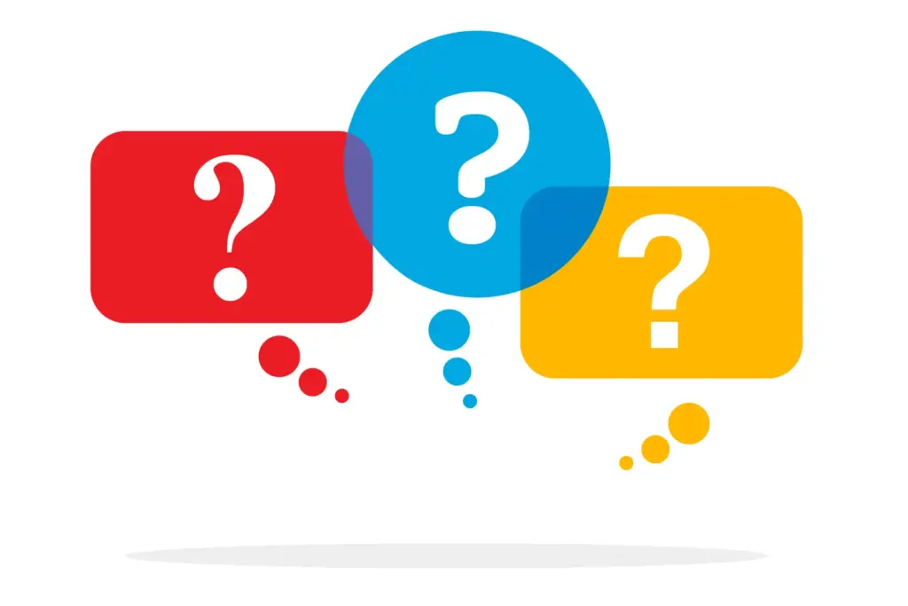 Three colorful speech bubbles—red, blue, and yellow—each containing a white question mark, symbolizing inquiry or curiosity.