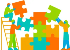 An abstract illustration of three people collaboratively assembling large, colorful puzzle pieces, with one person standing on a ladder and another reaching up to place a piece.