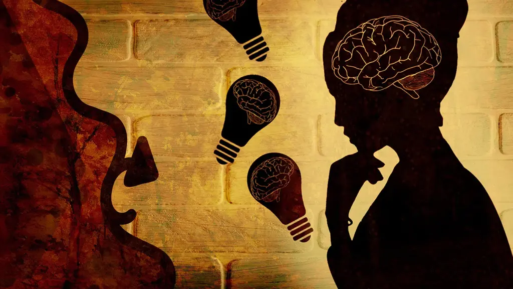 Silhouettes of a woman, with light bulbs containing brain illustrations symbolizing the transfer and generation of ideas against a textured yellow brick background.