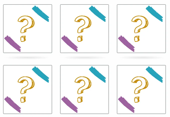 alt="A 3 by 2 grid of six square cards, each showing a large yellow question mark in the center with a small yellow cube below it. Each card has a teal brushstroke in the top-right corner and a purple brushstroke in the bottom-left corner, suggesting a matching or memory game.
