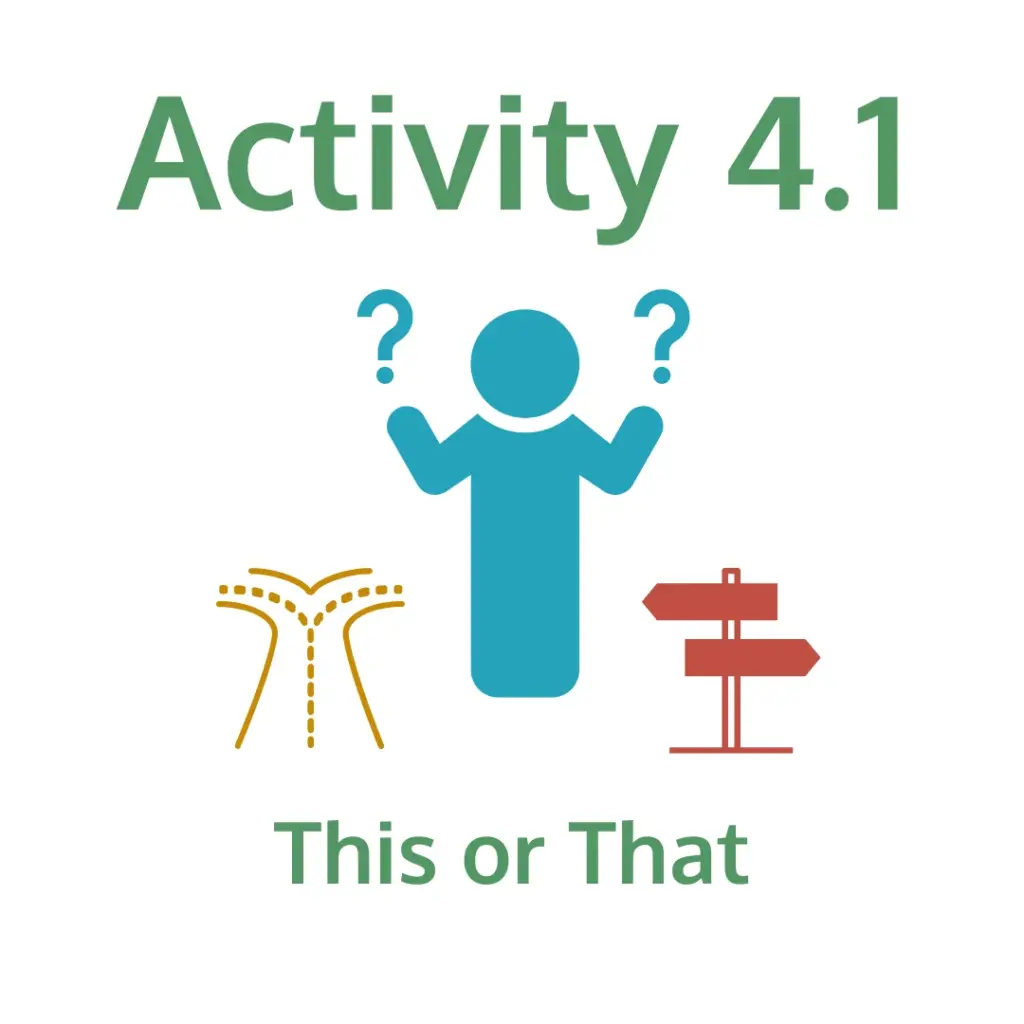 Activity 4.1 – This or That. A teal figure stands between two question marks, with a forked path on the left and a directional signpost on the right, representing a decision-making activity.