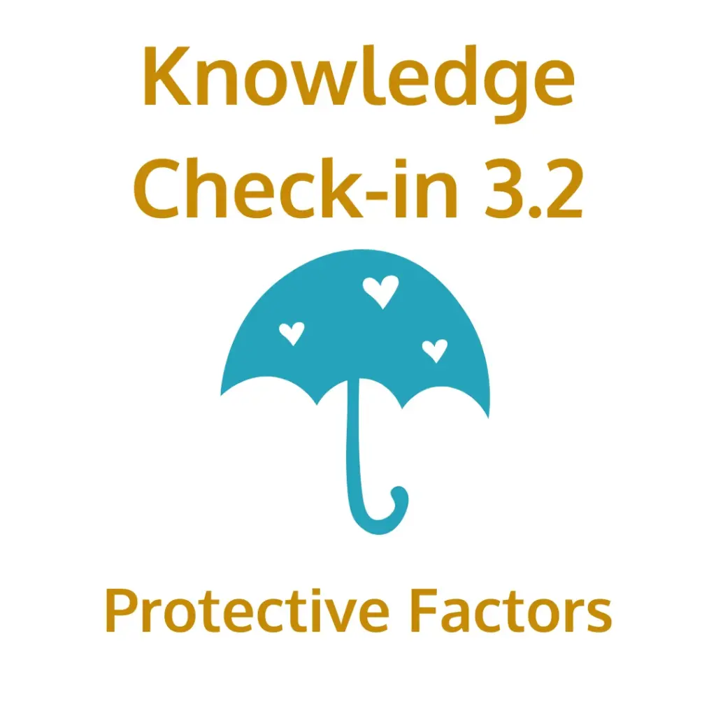 Text reads 'Knowledge Check-in 3.2' and 'Protective Factors.' In the center is a teal umbrella with small white heart shapes on it, symbolizing support and protection against stress.