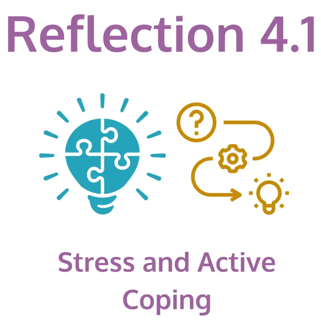Reflection 4.1 – Stress and Active Coping. A lightbulb made of puzzle pieces symbolizes problem-solving, alongside a gold flowchart connecting a question mark, gear, and lightbulb representing a path to solutions.