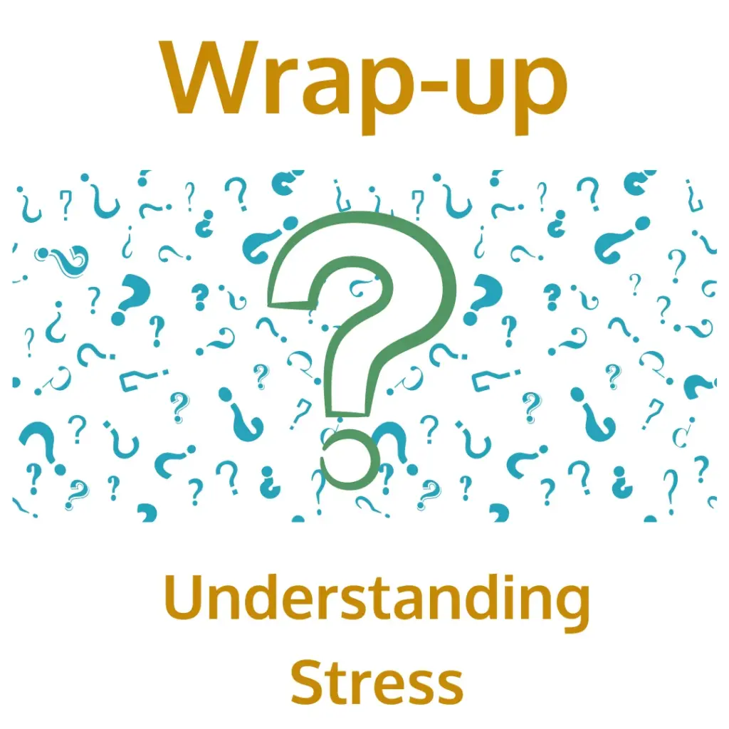 Text reads 'Wrap-up' at the top and 'Understanding Stress' at the bottom. The center features a large green question mark surrounded by many smaller blue question marks, symbolizing inquiry and reflection on the topic of stress.