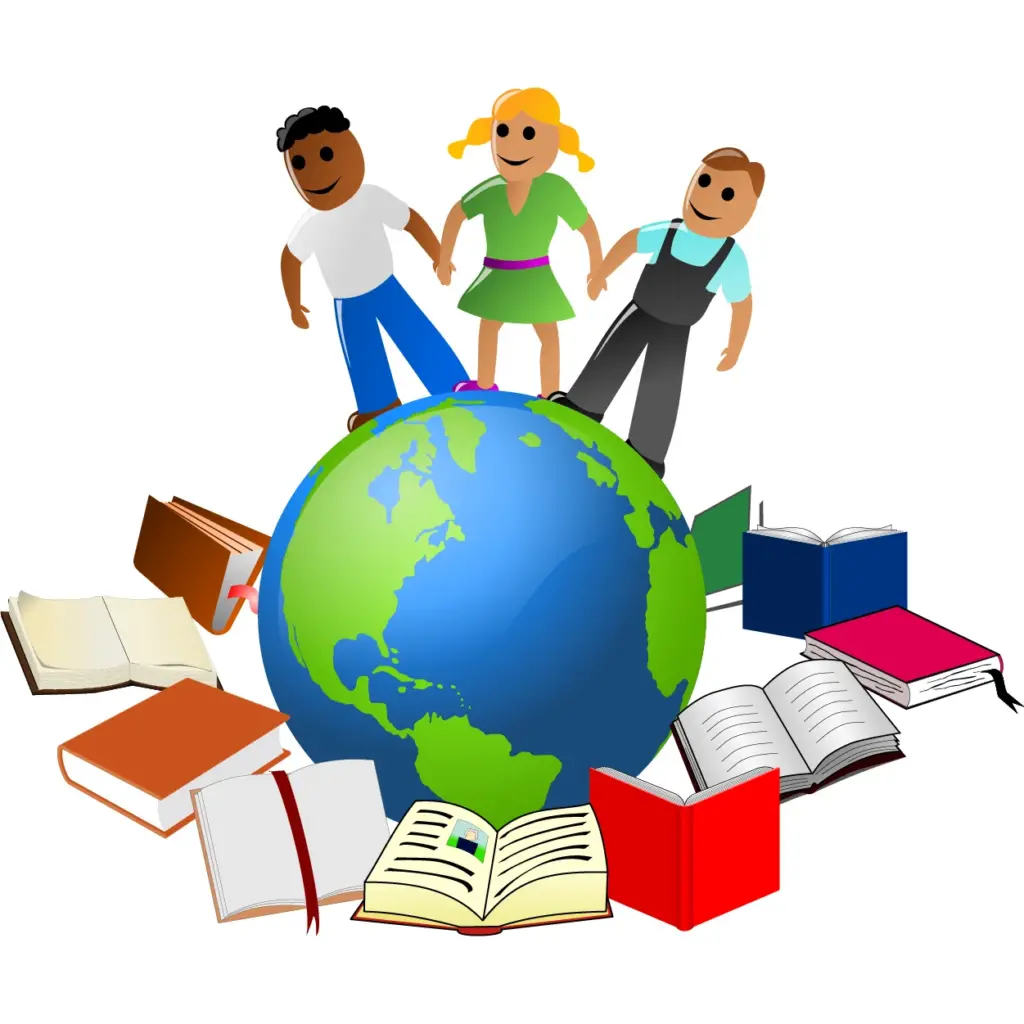 Cartoon illustration of three children holding hands while standing on top of a globe, surrounded by open and closed books, symbolizing global learning and education.