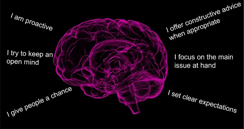 Image of a glowing pink brain on a black background surrounded by positive behavioral statements: "I am proactive," "I try to keep an open mind," "I give people a chance," "I offer constructive advice when appropriate," "I focus on the main issue at hand," and "I set clear expectations."