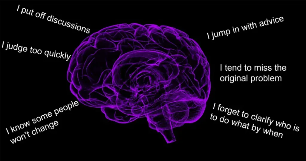 Image of a glowing purple brain on a black background surrounded by negative self-reflective statements: "I put off discussions," "I judge too quickly," "I know some people won’t change," "I jump in with advice," "I tend to miss the original problem," and "I forget to clarify who is to do what by when."