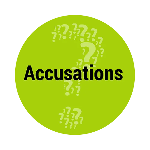 Green graphic shaped like a stylized speech bubble with a large question mark formed by smaller question marks in the background, and the word “Accusations” written in bold black text across the center.