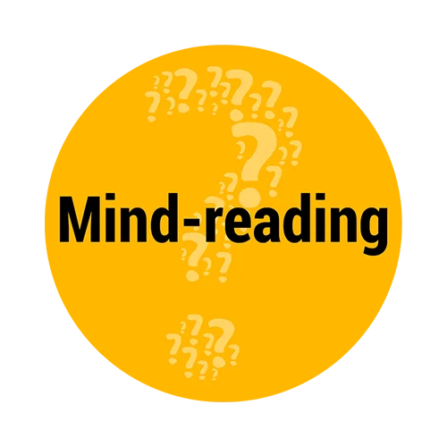 Yellow graphic shaped like a stylized speech bubble with a large question mark formed by smaller question marks in the background, and the word “Mind-reading” written in bold black text across the center.