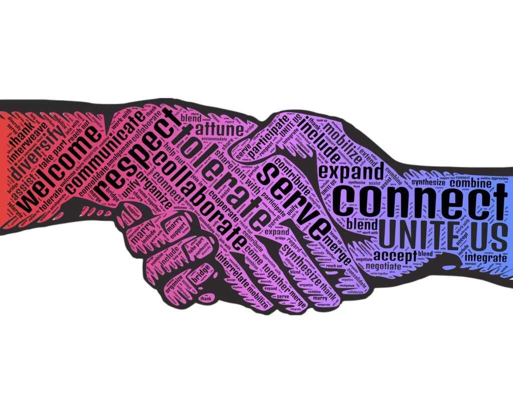 People shaking hands. The hands have a range of colours with words written that include: diversity, welcome, communicate, respect, collaborate, tolerate, contribute, serve, include, connect, unite us, accept
