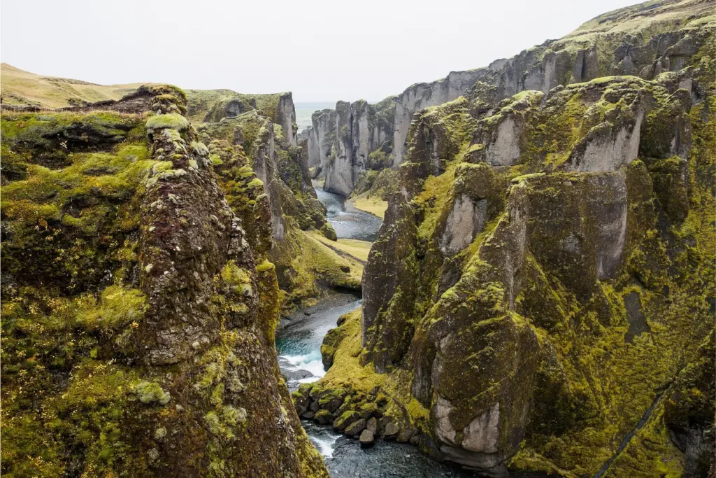 A dramatic moss-covered canyon with steep rock walls and a winding river flowing through the valley under an overcast sky.