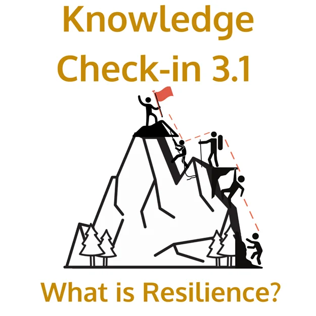 Text reads 'Knowledge Check-in 3.1' and 'What is Resilience?' Below, a group of stick figures climb a mountain together. One figure has reached the top holding a red flag, while others are helping each other along a dotted path, symbolizing resilience and perseverance.