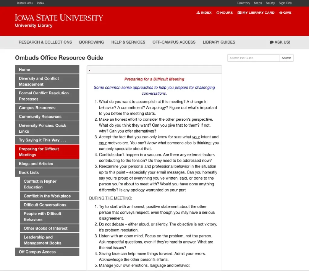 Screenshot of the Iowa State University Library’s “Ombuds Office Resource Guide,” specifically the section on preparing for difficult meetings with a list of conversation strategies.