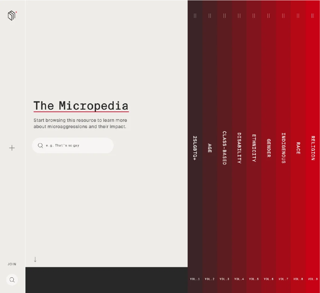 Homepage of The Micropedia, a digital resource for learning about microaggressions, with a search bar and categories like 2SLGBTQ+, age, disability, and race on a vertical red gradient.