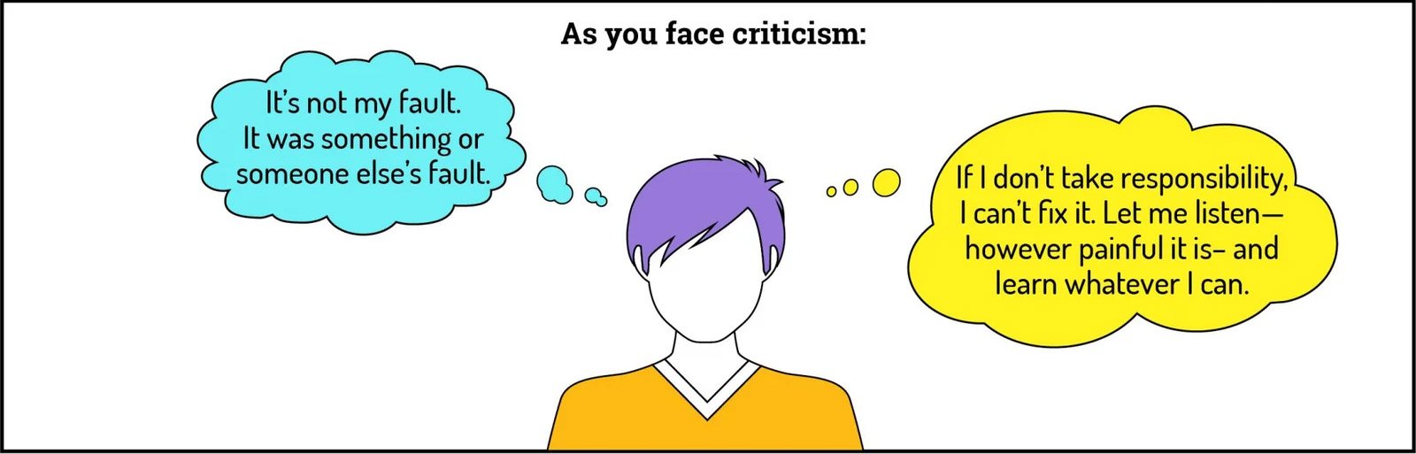 As you face criticism: On the left, a blue thought bubble says: 'It’s not my fault. It was something or someone else’s fault.' On the right, a yellow thought bubble says: 'If I don’t take responsibility, I can’t fix it. Let me listen—however painful it is—and learn whatever I can.' A person with purple hair and an orange shirt is in the center.