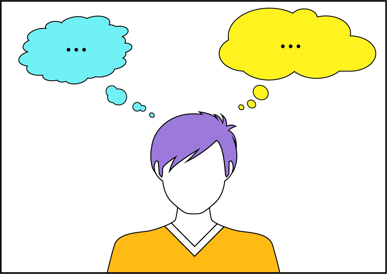 A person with purple hair and an orange shirt stands in the center. Two empty thought bubbles appear above their head—one blue on the left and one yellow on the right—each containing only an ellipsis (…).