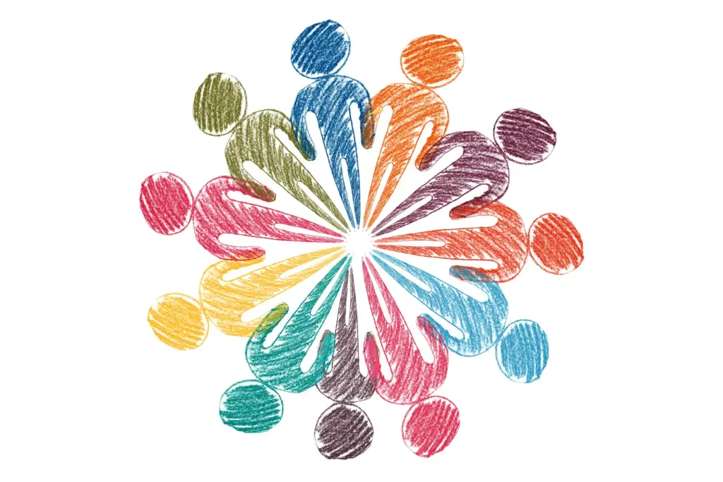 Colorful crayon-style illustration of human figures arranged in a circular pattern, symbolizing unity, teamwork, and diversity.