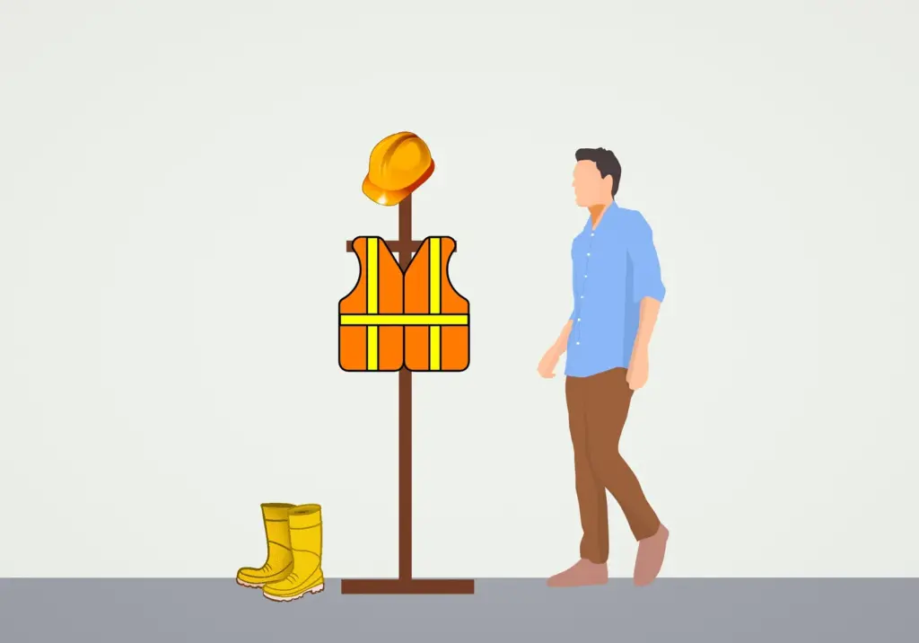 Illustration of a man in casual clothes walking toward a safety station with a yellow hard hat, orange reflective vest on a stand, and yellow work boots on the floor.