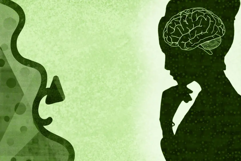 Green-toned illustration of one person thinking, with a brain graphic visible in the person's head, symbolizing communication and cognitive processing.
