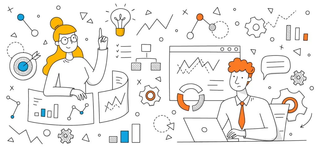 Cartoon-style illustration of a woman with glasses and an orange ponytail pointing upward with a lightbulb above her head, symbolizing an idea. She is surrounded by charts, graphs, and data visualizations. On the right, a man with orange hair and tie sits at a laptop, appearing confused or uncertain, with speech bubbles, gears, and more graphs around him. The scene is filled with icons like target arrows, flowcharts, and analytic symbols, representing teamwork, data analysis, and problem-solving.