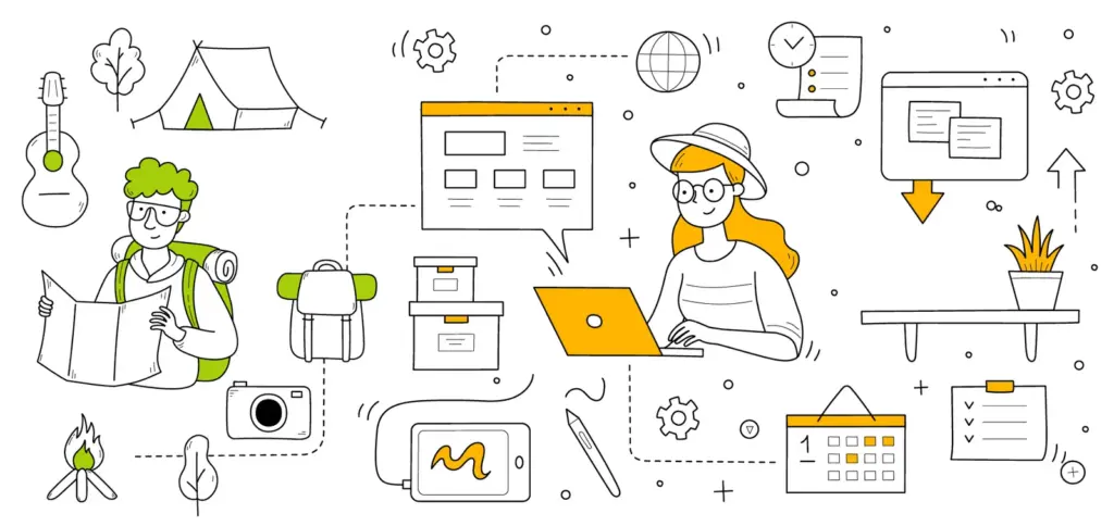 Cartoon-style illustration showing a contrast between outdoor adventure and remote digital work. On the left, a man with green hair and glasses holds a map, surrounded by camping items like a tent, backpack, campfire, camera, guitar, and trees. On the right, a woman with a sunhat and orange hair works on a laptop, surrounded by icons representing cloud storage, calendars, checklists, charts, and data transfer. The image represents the blend of nature and technology, or balancing work and leisure.