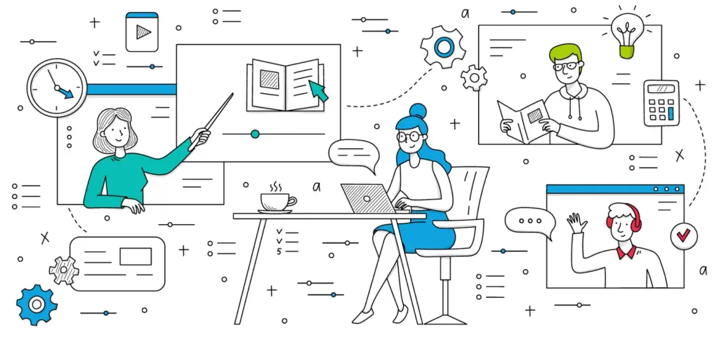 Cartoon-style illustration depicting a digital learning environment. In the center, a woman with a blue bun sits at a desk working on a laptop, with a cup of coffee beside her. To the left, another woman gestures at an open book on a screen with a pointer, representing a lesson. In the top right, a man with green hair reads a book near a calculator and a glowing lightbulb icon. Below him, a person with red headphones appears in a video call window, waving. The background includes clocks, graphs, checklists, gears, sliders, and communication icons, symbolizing online education, teaching, and remote collaboration.