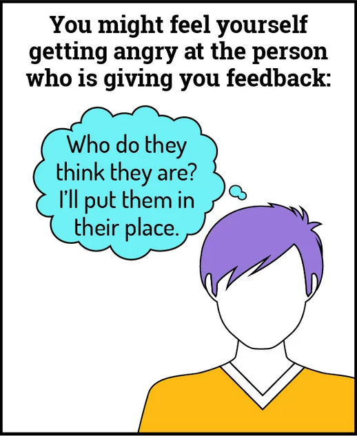 The person is shown reacting to feedback with anger, thinking, “Who do they think they are? I’ll put them in their place,” capturing a hostile or prideful internal response to perceived judgment.