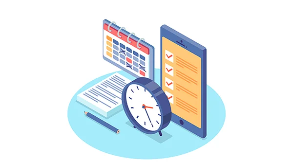 Isometric illustration of a productivity setup including a wall calendar, a large analog clock, a checklist on a tablet screen with red checkmarks, a document, and a pencil on a blue circular background, symbolizing personal time and task management.