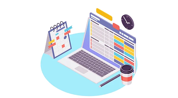 Isometric illustration of a workspace with a laptop displaying a digital schedule or calendar with colorful entries, a small paper calendar with sticky notes, a clock on the wall, a takeaway coffee cup, and a pen, representing project planning and time management.