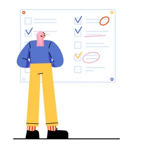 Cartoon-style illustration of a person with a pink head, blue shirt, yellow pants, and black shoes standing in front of a large checklist on a board. The board shows several checkboxes, some ticked with blue or yellow checkmarks, and some circled in red, indicating priority or status review.