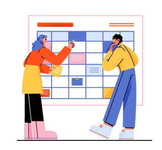 Alt="Colorful cartoon-style illustration of two people standing in front of a large calendar or scheduling board. The person on the left with blue hair and a red and yellow outfit is pointing at the board while holding papers. The person on the right, wearing a yellow hoodie and blue pants, looks thoughtful with one hand on their chin. The calendar is filled with various colored blocks representing scheduled tasks or events.