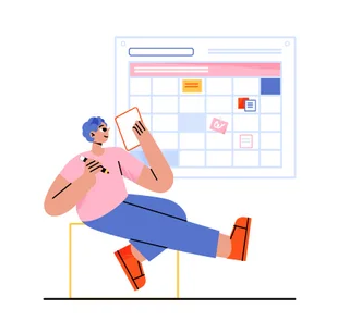 Cartoon-style illustration of a person with blue hair, wearing a pink shirt, blue pants, and red shoes, sitting on a yellow stool while holding a notepad and pen. Behind them is a large scheduling board with a pink header and various colored blocks representing events or tasks. The person appears relaxed and focused on planning or reviewing their schedule.