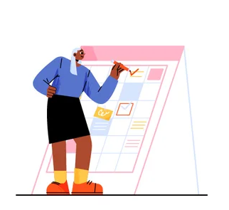 Cartoon-style illustration of a person with long white hair, wearing a blue top, black skirt, yellow socks, and red shoes, standing in front of a large angled scheduling board. They are marking a checkbox with a red pen on a calendar that displays colored task blocks, checkmarks, and icons, indicating planning or task completion.