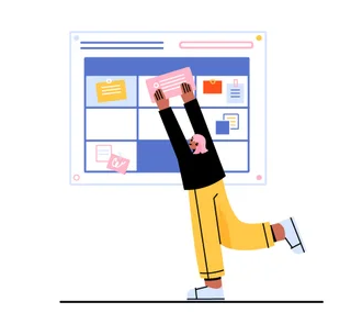 Cartoon-style illustration of a cheerful person with pink hair, wearing a black shirt, yellow pants, and white shoes, standing on one leg and holding a pink task card above their head. Behind them is a large planning board with a blue header and various colored task cards, indicating a project schedule or organizational workflow.